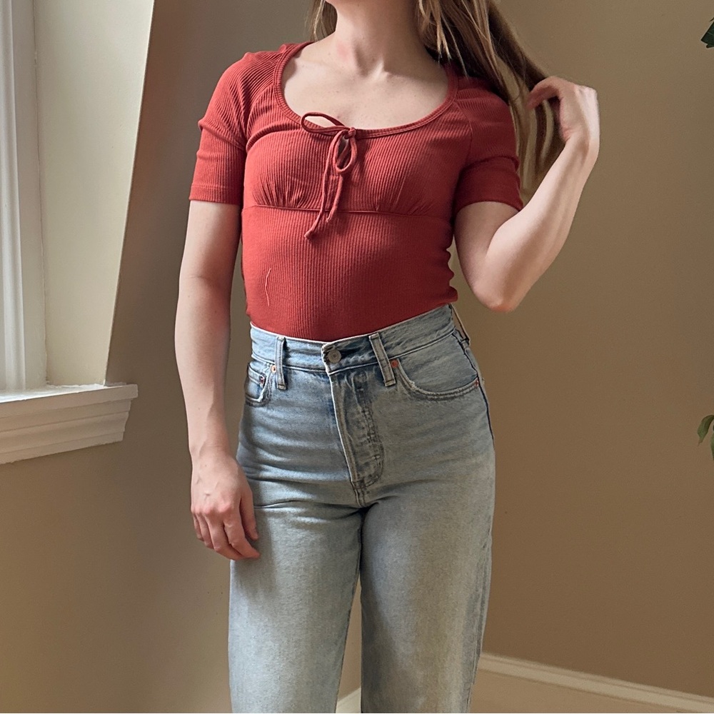 J Crew Ribbed Tie Front Top